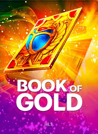 Book of Gold ค่าย JILI หนังสือทองฝังอัญมณีบนพื้นสีม่วงส้ม